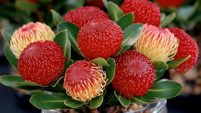 Vibrant Red and Yellow Protea Flowers in Bloom