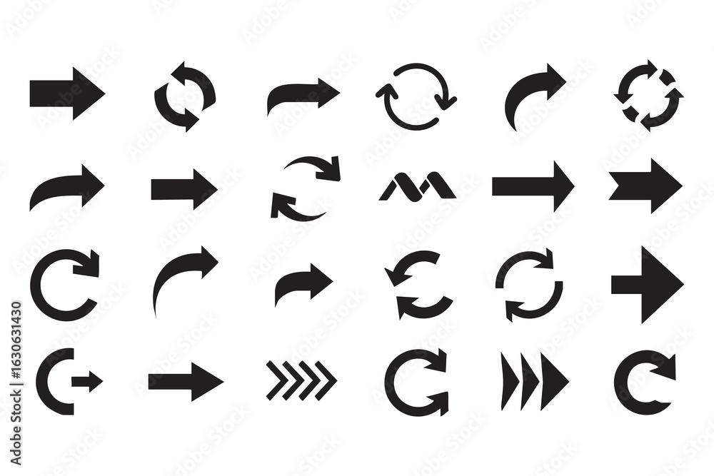 Poster assortment of black arrow icons and circular arrow symbols on a white background direction pointer