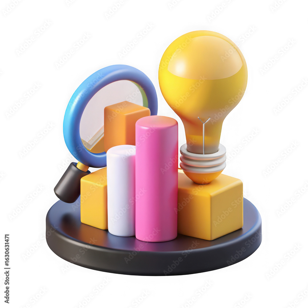Poster 3d illustration of a 3d illustration showing a lightbulb graph and magnifier representing business a