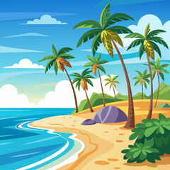 Obraz premium Vibrant tropical beach scene with palm trees and ocean waves