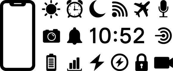Smartphone user interface icon set with notification and status bar symbols