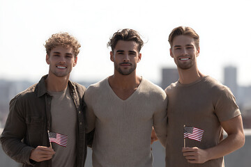 cultural diversity celebration, diverse citizens with mini american flags, in an urban setting, celebrating constitution and citizenship day with a portrait