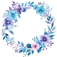 Fototapeta premium Blue and purple and turquoise flowers circle frame illustration watercolor wreath.