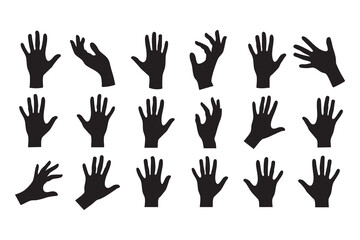 Fototapeta premium Collection of Black Silhouette Human Hands Displaying Various Open Hand Gestures on White vector
