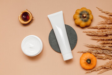 Mockup tube of facial cream and opened cream container with pumpkins and pampas grass top view on brown background. Dry skin care, skin moisturizer, autumn skincare.