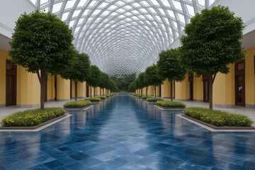 Bright indoor shopping mall with geometric glass ceiling trees and blue tiled floor in symmetrical layout