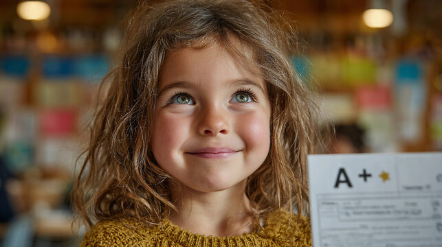 Smiling schoolgirl proudly shows off her excellent A plus grade report, expressing delight