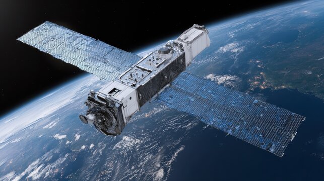 satellite orbiting earth above clouds