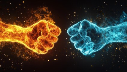 Two glowing fists, one fiery orange and the other icy blue, symbolize an epic elemental battle