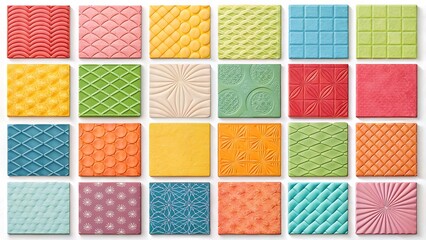 Colorful Square Tiles with Varied Decorative Textures and Patterns, High-Angle Close-Up View Showcasing Artistic Designs and Different Embossed Surfaces.