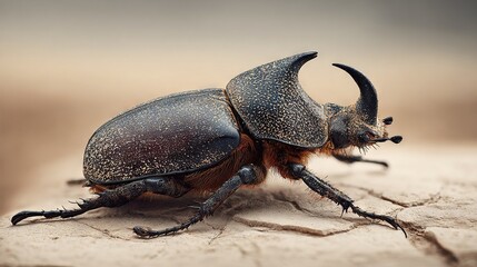    a beetle on dry ground with a distinct blurry sky in the backdrop