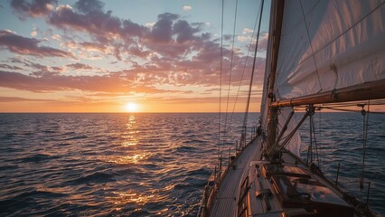 A graceful sailboat glides across the calm sea waters at sunset, with golden and orange hues reflecting on the waves, capturing the serene beauty, freedom, and romance of sailing at dusk.
