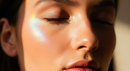 Glowy, radiant skin with iridescent light highlights, a close up of a woman's face exuding natural beauty