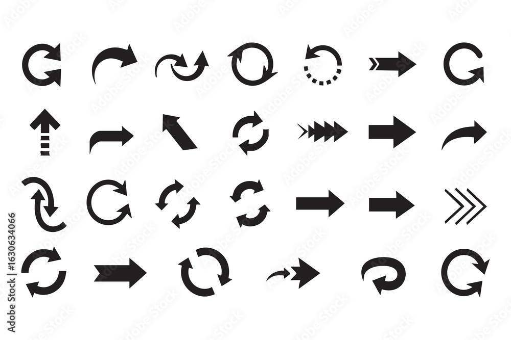 Poster set of various black arrow icons indicating direction and rotation on a white background movement