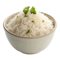 Indian basmati white rice in a ceramic bowl isolated on transparent background  
