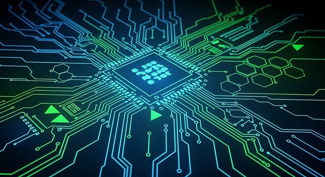 Glowing central processing unit surrounded by intricate circuit board pathways.