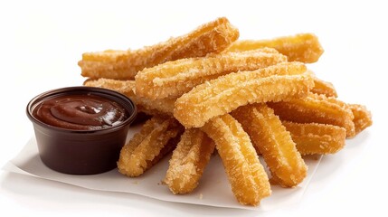 A golden, sugar-dusted churros with a small cup of chocolate dipping sauce isolated on white background