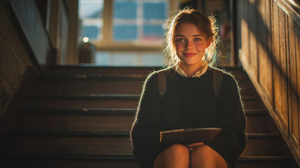 Smiling young woman holding a tablet while sitting on wooden stairs.
