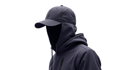 Anonymous figure in hoodie and cap on a dark background for mystery and intrigue visuals and design use on transparent background