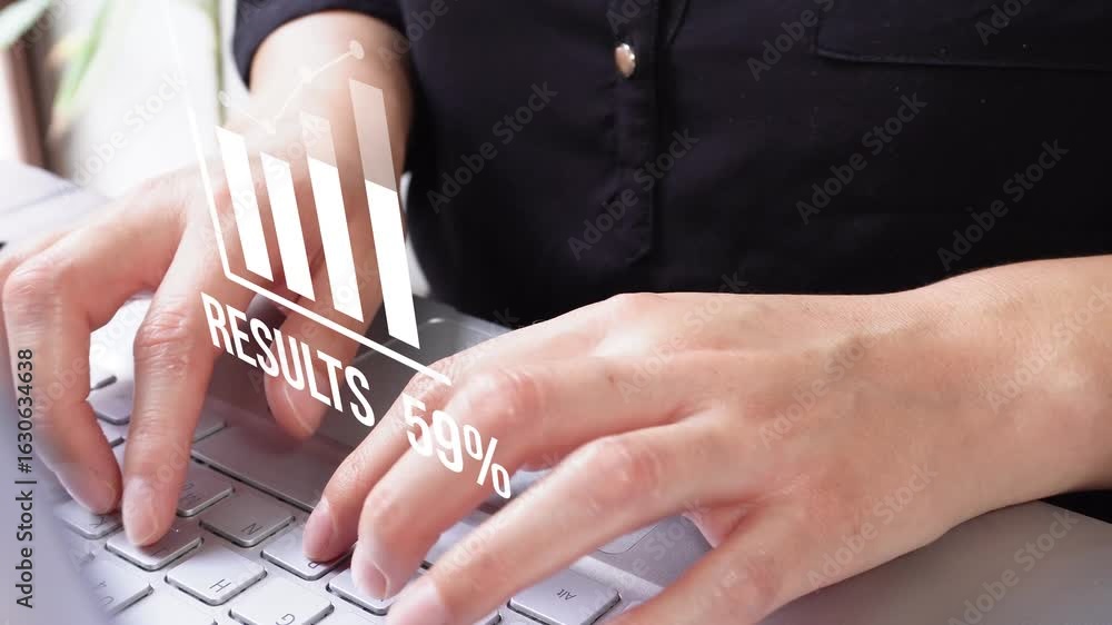 Poster close-up of a businesswoman's hands working on her computer with a graph icon filling with animated 