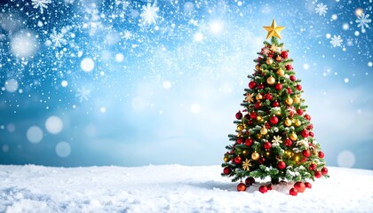 Obraz premium Festive Christmas tree on snowy landscape