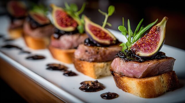   A plate of food in focus, featuring meat and figs atop bread and adorned with garnishes