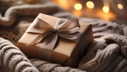 wrapped gift on cozy knitted blanket creating a warm and inviting atmosphere for any occasion