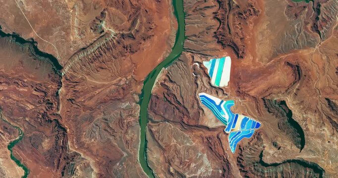 Top shot on potash ponds, red rocks, deserted dry area with canyon of a river. Camera is moving right and down. Animation based on image by NASA