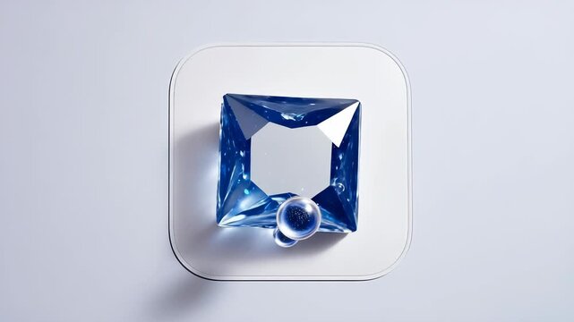 Rotating 3D app icon containing faceted blue gemstone crystal and water drops on clean white background