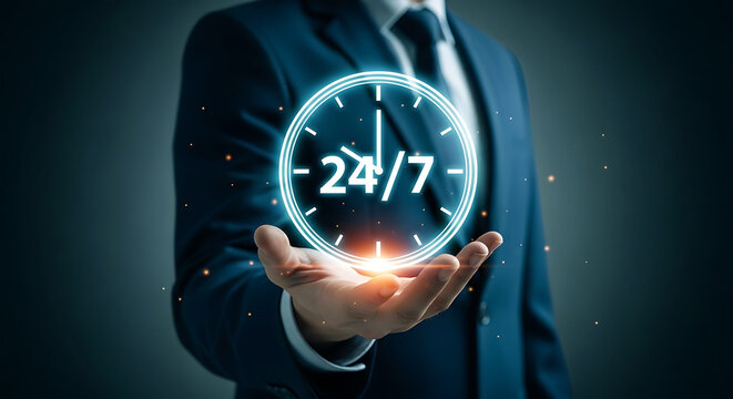 Businessman holding a glowing 24/7 clock in his palm