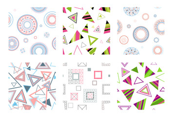 Seamless pattern of geometric shapes. Bright seamless pattern. Set of 6 patterns. Design for fabric, wallpaper, wrapping paper