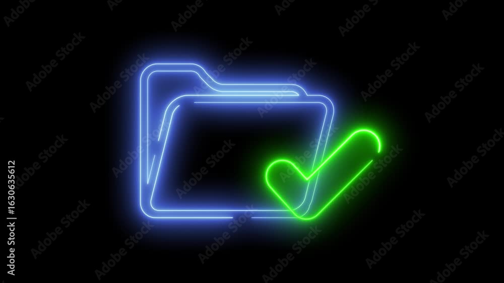 Poster neon light effect animation of a folder icon with a checkmark, black background