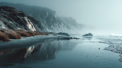 Fototapeta premium Moody coastline emerges from the fog. Serene seascape depicts ocean, beach, and cliffs. Use for marketing, editorials, travel, tourism.