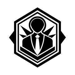 Symbolic representation of a formal business person with a tie and suit in a hexagonal emblem