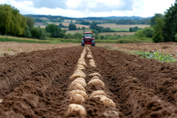 Freshly dug potatoes in furrows on a farm field with tractor in background