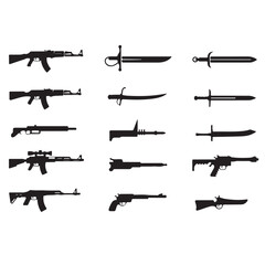 A collection of isolated black weapon silhouettes, including assault rifles and handguns, for military and army illustrations