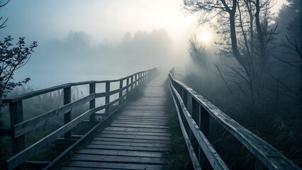 Naklejka premium Foggy Wooden Path Leading to Tranquil Nature, Featuring Trees and Misty Atmosphere, Ideal for Serene Scenery.