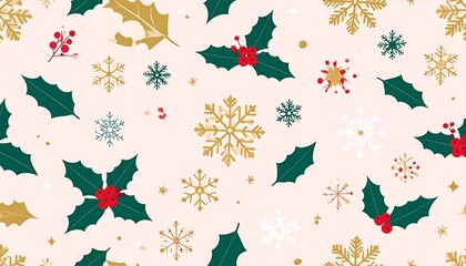 Festive pattern of holly, snowflakes, and berries on a blush background