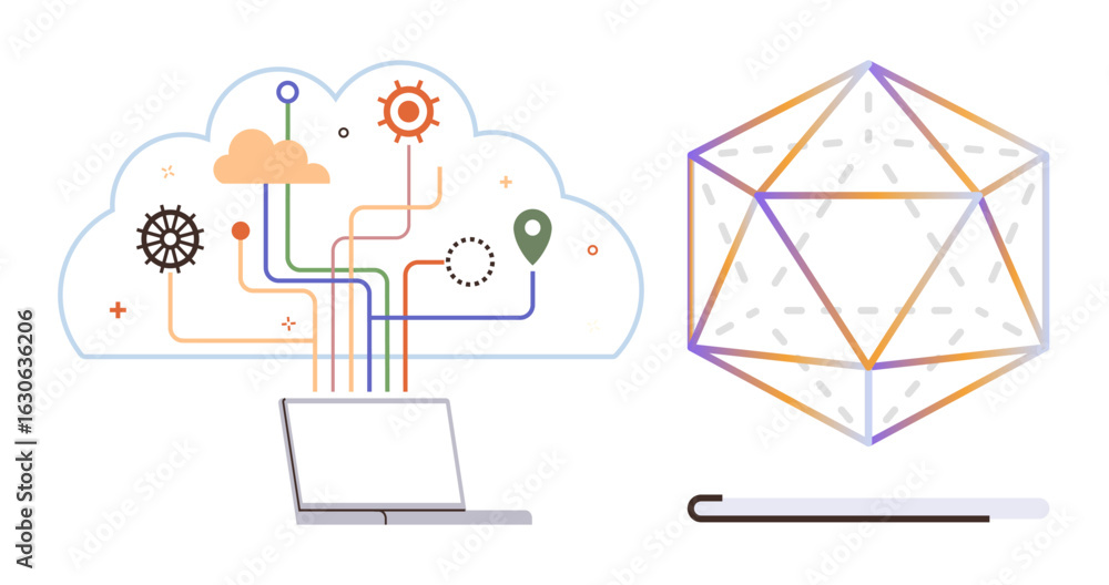 Poster cloud computing with dynamic data flow into laptop, abstract geometric shape, and creativity concept