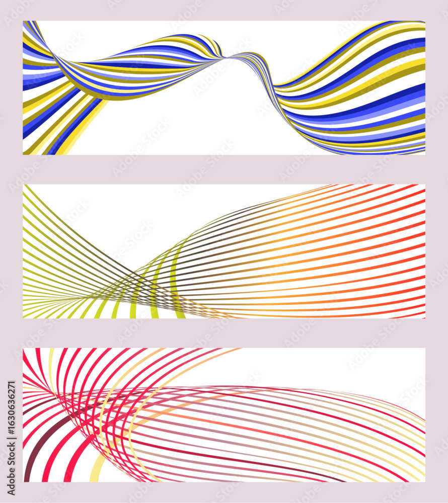 Poster wavy lines or ribbons. set of 3 backgrounds. multicolored striped gradient. creative unusual backgro