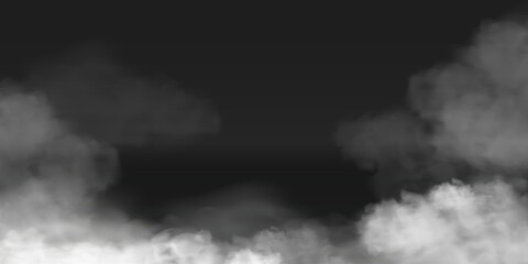 Fototapeta premium Realistic fog, smoke, soft white clouds on dark background. Atmospheric vector illustration for banners, overlays or spooky scenes.