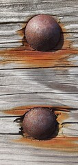Close-up of two rusty bolts on weathered wooden planks, with visible corrosion stains and cracks highlighting the passage of time and natural aging