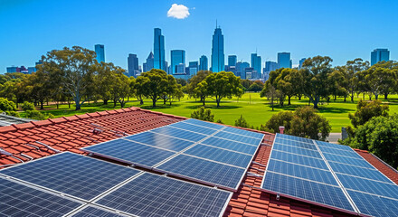 Harnessing clean energy with solar panels on a rooftop overlooking a vibrant cityscape and lush green park