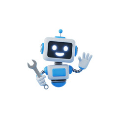 Cute smiling robot holding wrench waving hand in welcoming gesture with friendly expression