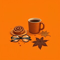 Cozy autumn still life with mug of coffee, cinnamon bun, reading glasses and leaves on orange background