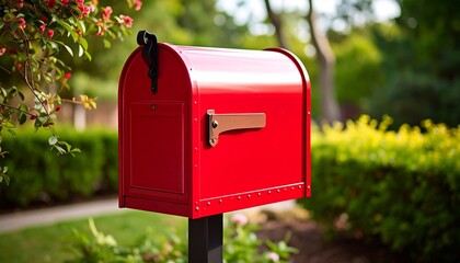 Vintage red mailbox with dual compartments and ornate top against white background.