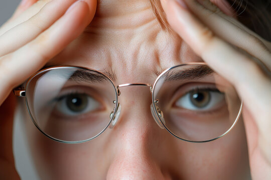 Close up image of person with glasses showing signs of stress and frustration, with furrowed brows and intense eyes