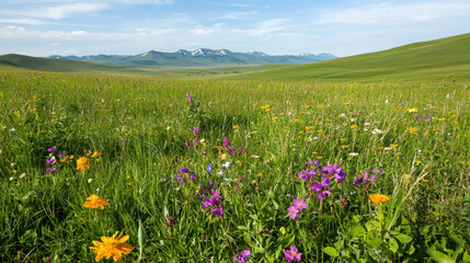 Fototapeta premium Vibrant steppe landscape filled with colorful wildflowers and lush green grasses, showcasing beauty of nature