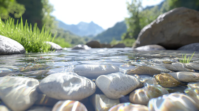 Photorealistic image of serene mountain stream with clear water, smooth stones, and lush greenery reflecting tranquility