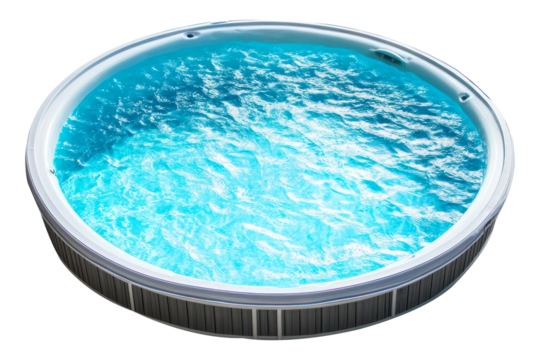 Circular above ground swimming pool filled with clear blue water isolated on transparent background